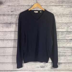 Peter Millar 100% Cashmere V-Neck Navy Sweater w / Black Elbow Patches